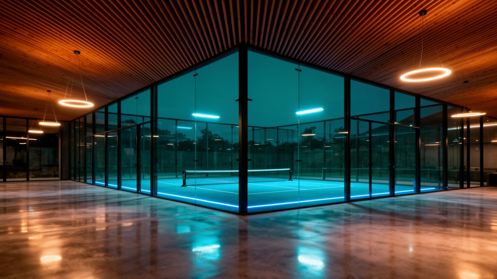 Modern indoor padel & pickleball court at night